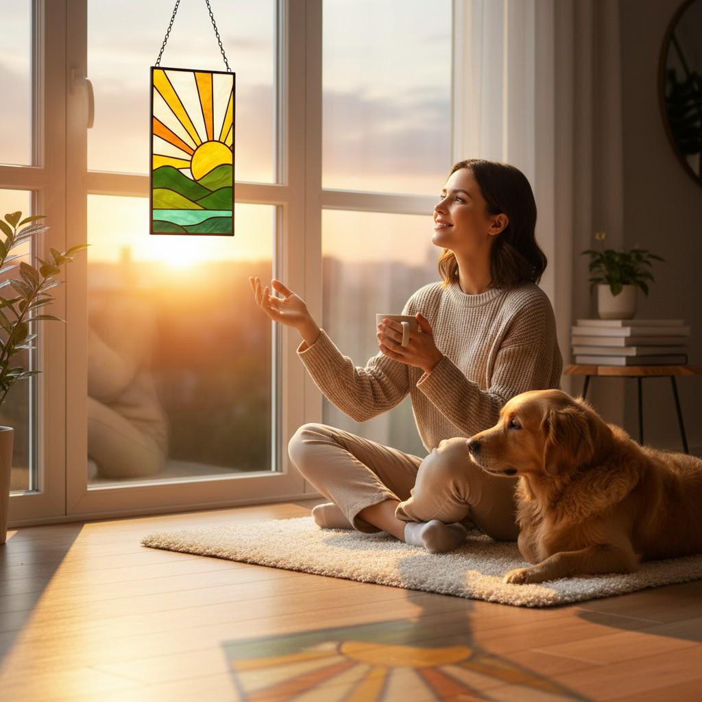 Stained Glass Sunrise Suncatcher Panel | Boho Sun Rays, Mountains & Ocean | Window Hanging