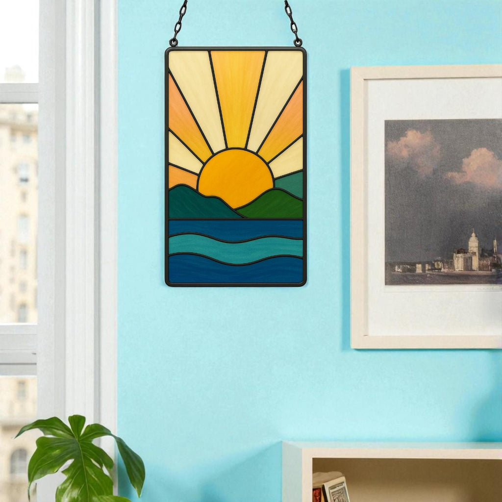 Stained Glass Sunrise Suncatcher Panel | Boho Sun Rays, Mountains & Ocean | Window Hanging