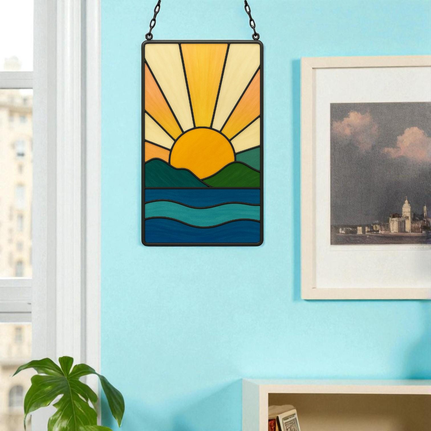 Stained Glass Sunrise Suncatcher Panel | Boho Sun Rays, Mountains & Ocean | Window Hanging