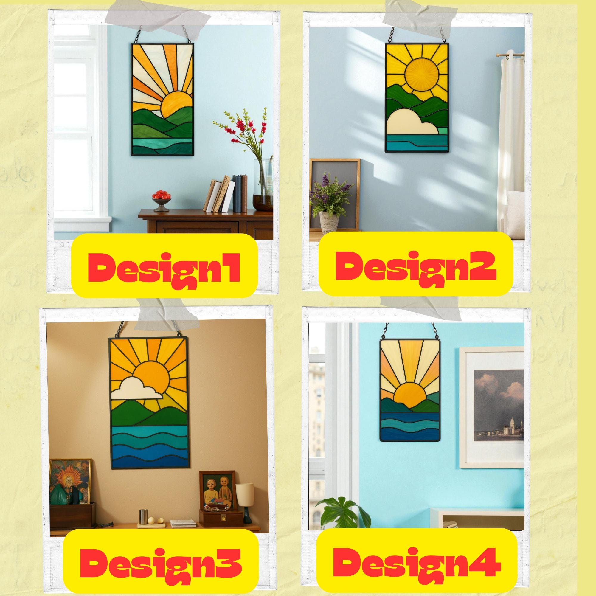 Stained Glass Sunrise Suncatcher Panel | Boho Sun Rays, Mountains & Ocean | Window Hanging