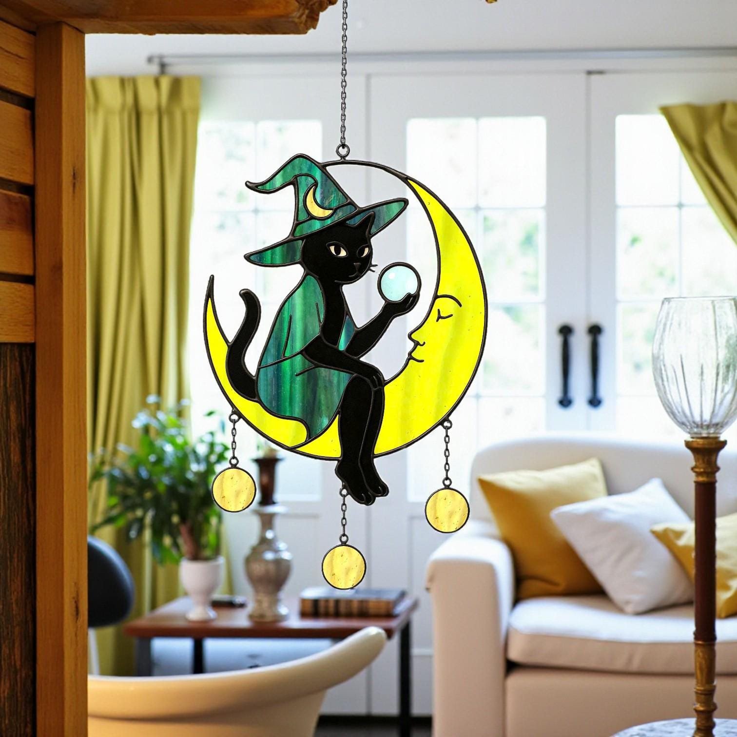 Spooky stained glass witch ornament for Halloween gothic home décor