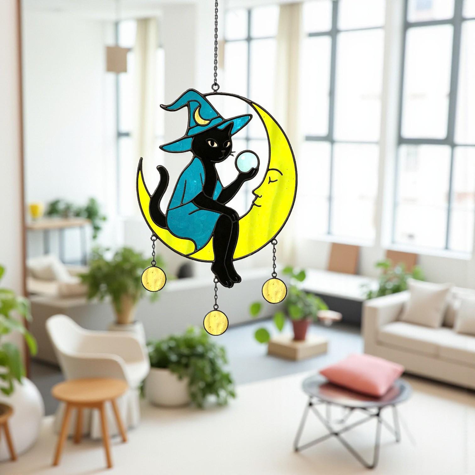 Halloween stained glass witch suncatcher for spooky witchy home decoration