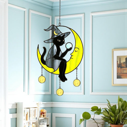 Halloween stained glass witch on moon suncatcher window decoration