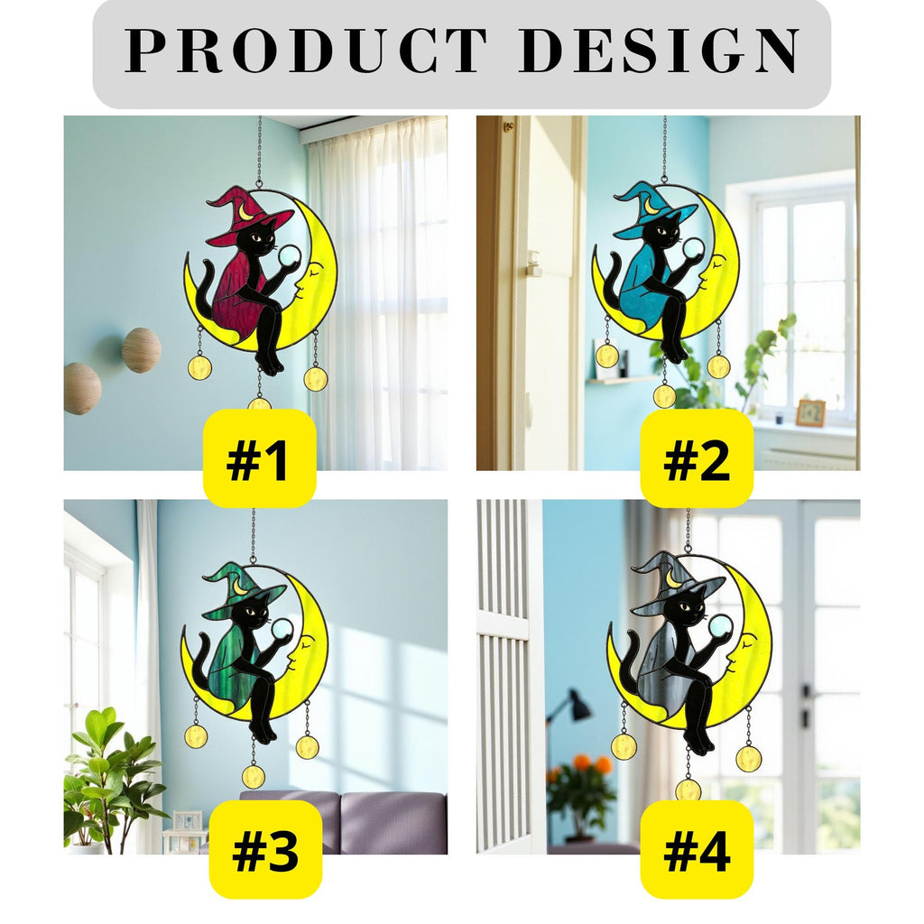 Halloween stained glass witch window hanging decoration with moon design