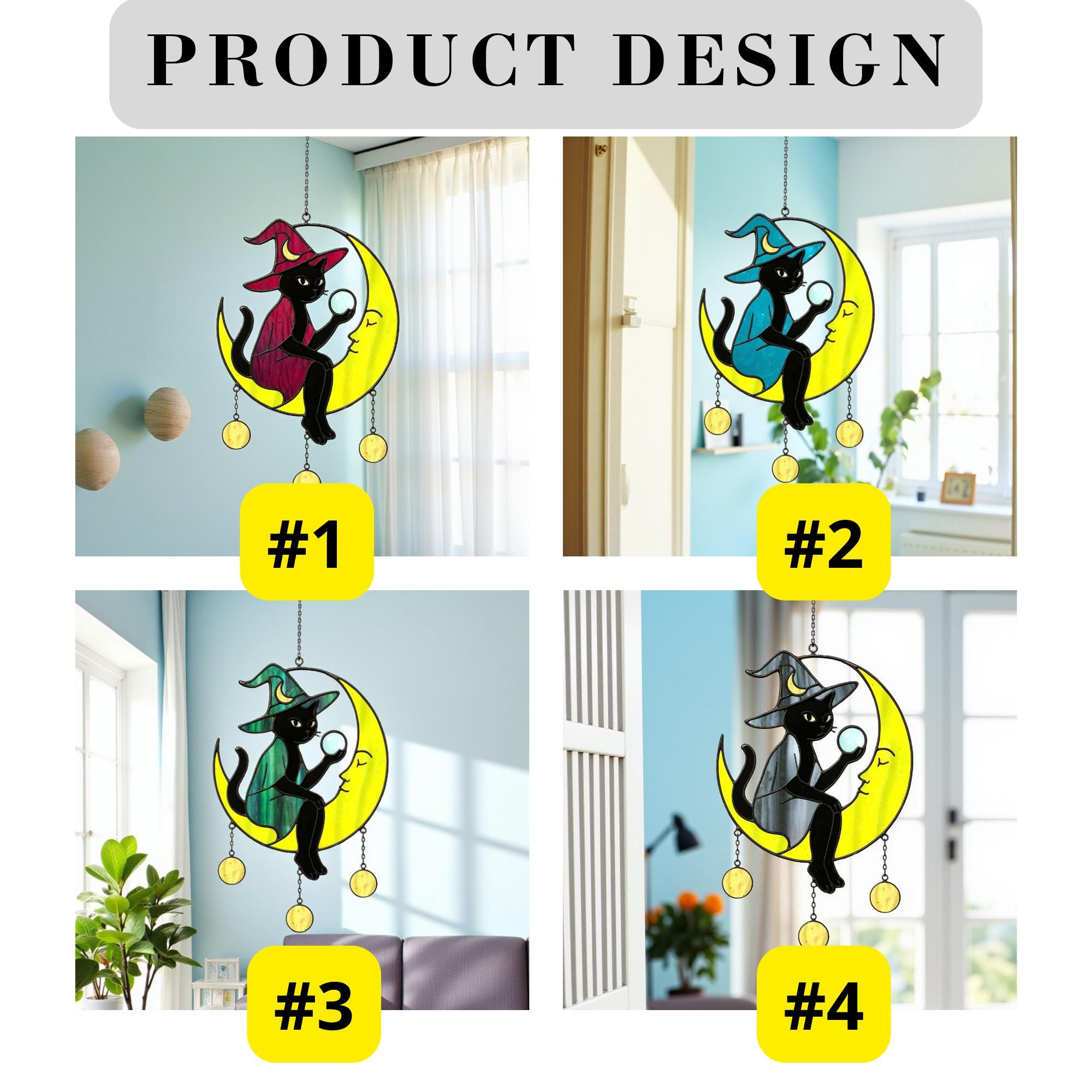 Halloween stained glass witch window hanging decoration with moon design