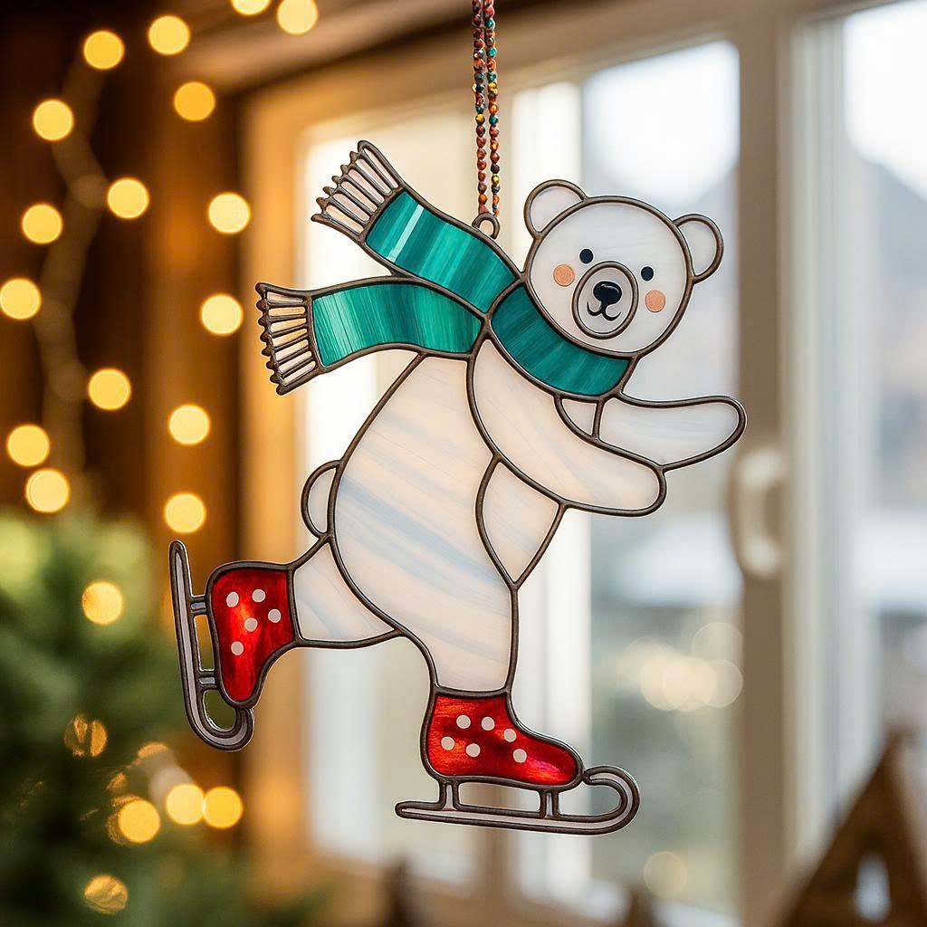 Adorable polar bear stained glass suncatcher glowing in window light, perfect for Christmas home décor.