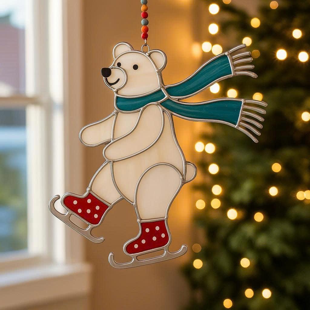 Holiday window hanging showing stained glass bear in motion, perfect for winter and Christmas décor.