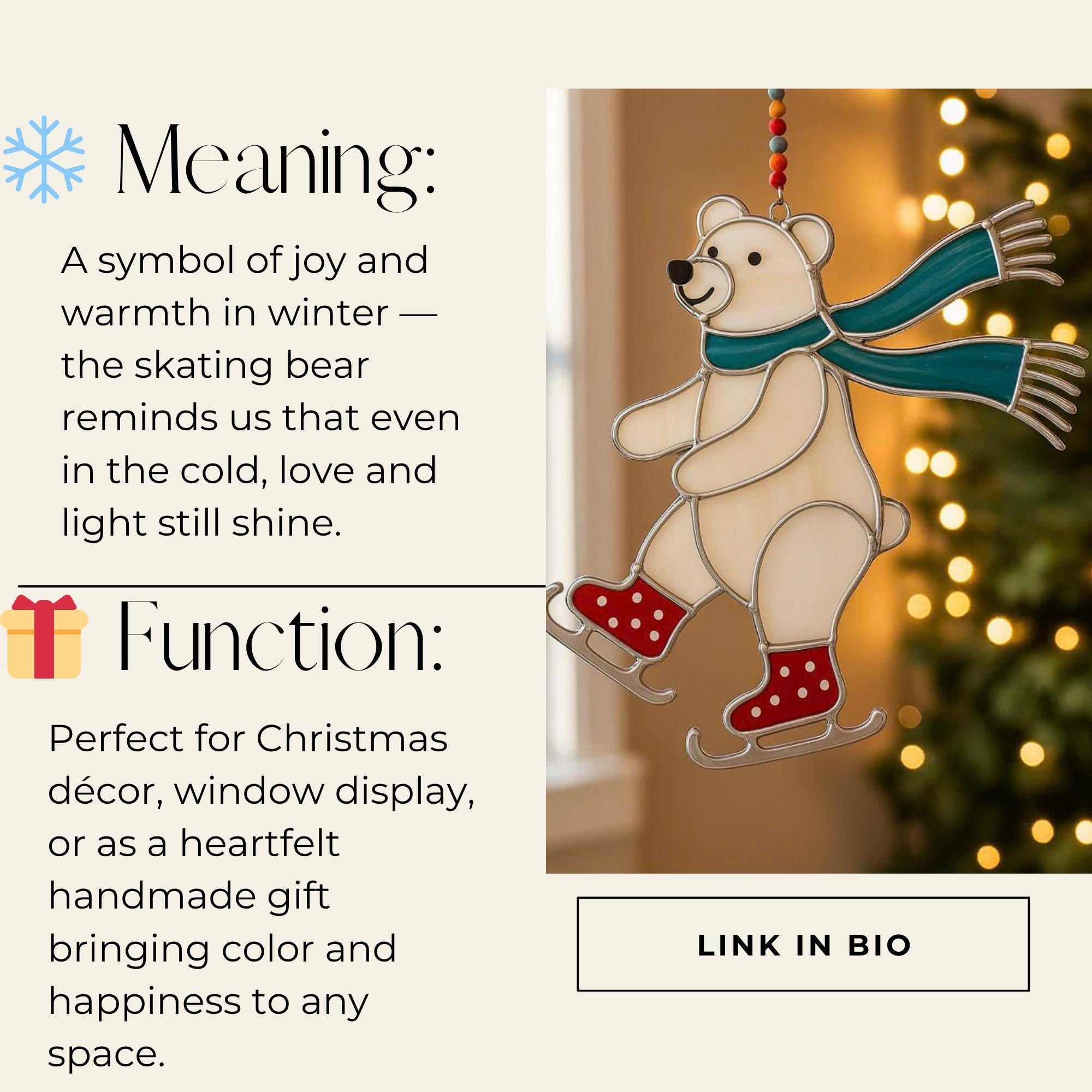 Stained glass bear suncatcher with teal scarf, description about meaning and function for Christmas décor.
