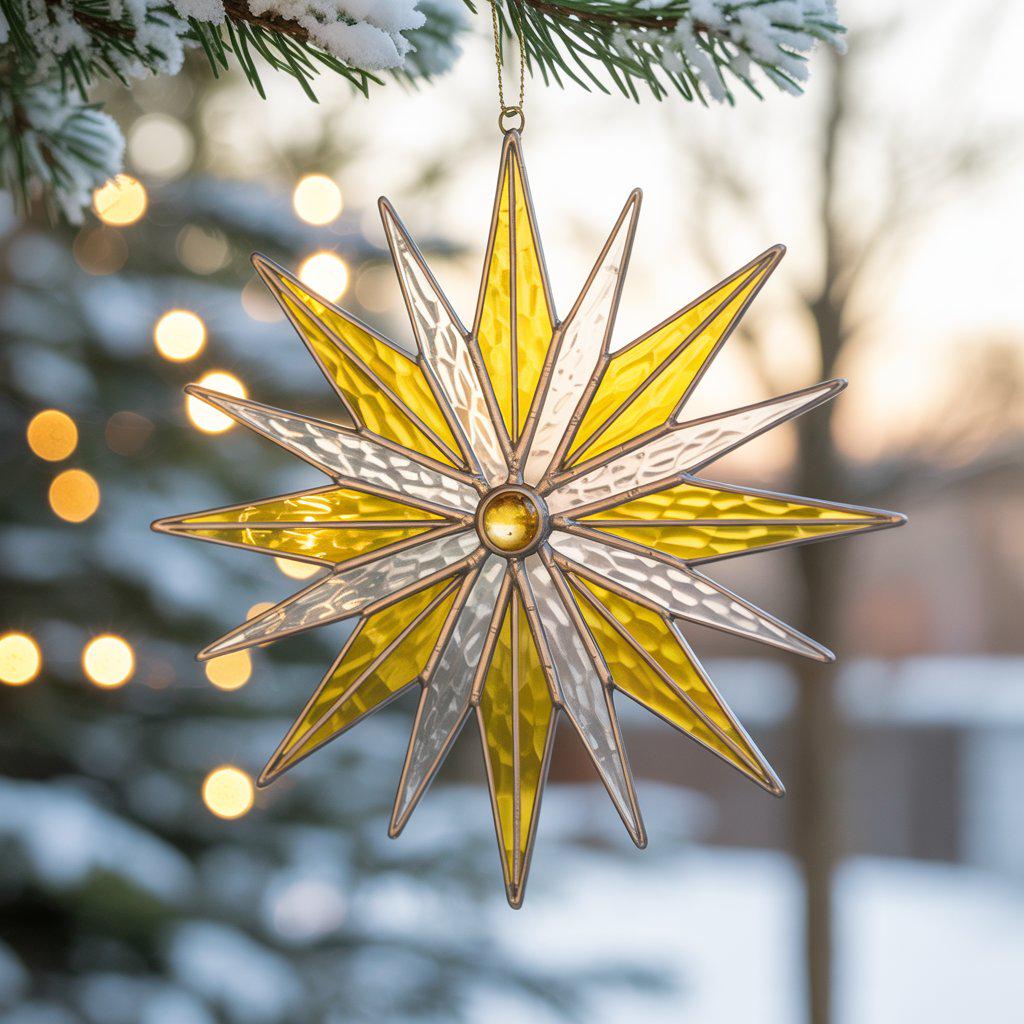 A vibrant stained glass snowflake ornament hanging from a Christmas tree branch with snow-covered surroundings, creating a cheerful holiday vibe.