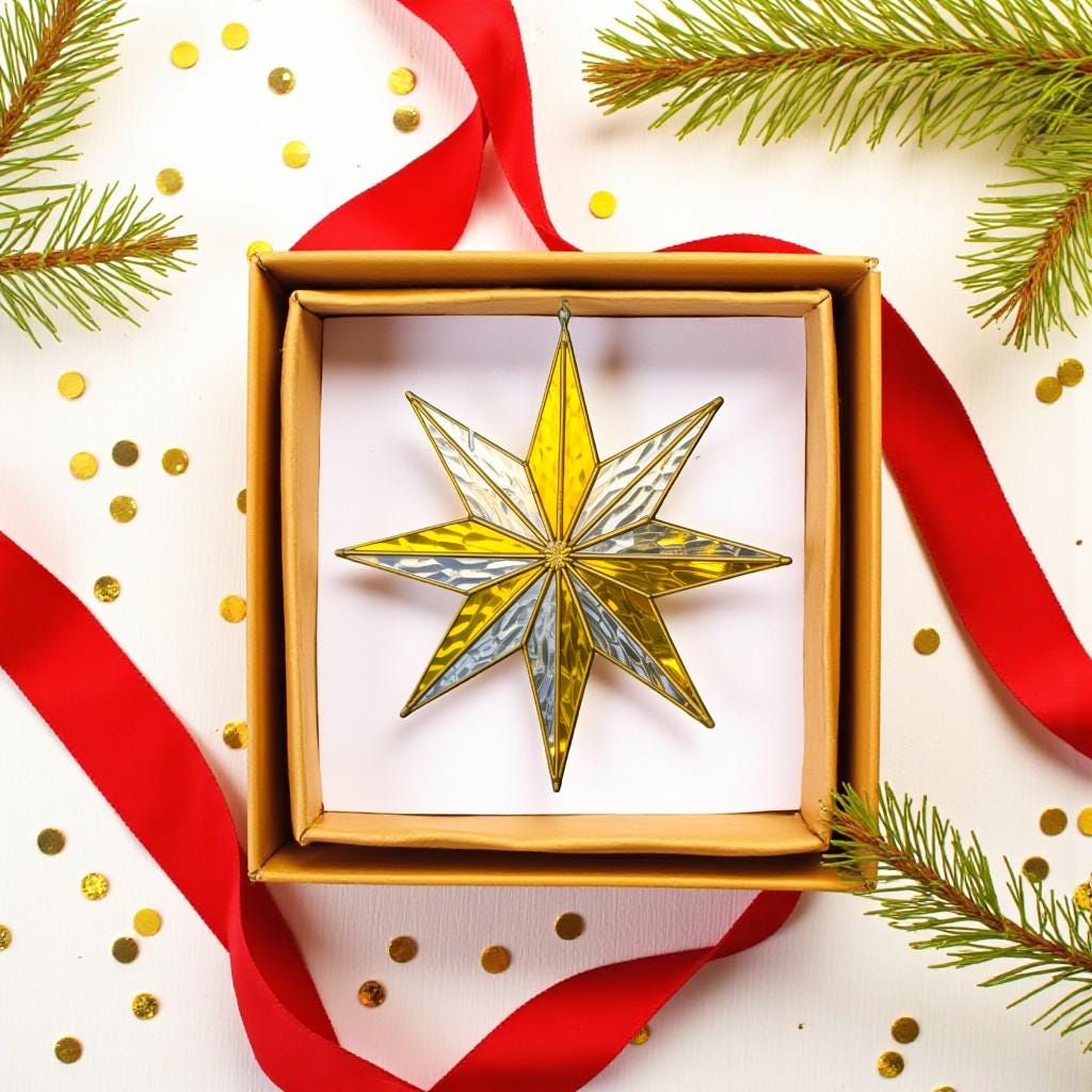 Festive red ribbons tied around the handmade stained glass snowflake ornament, with snowflakes falling in the background, perfect for holiday decorations
