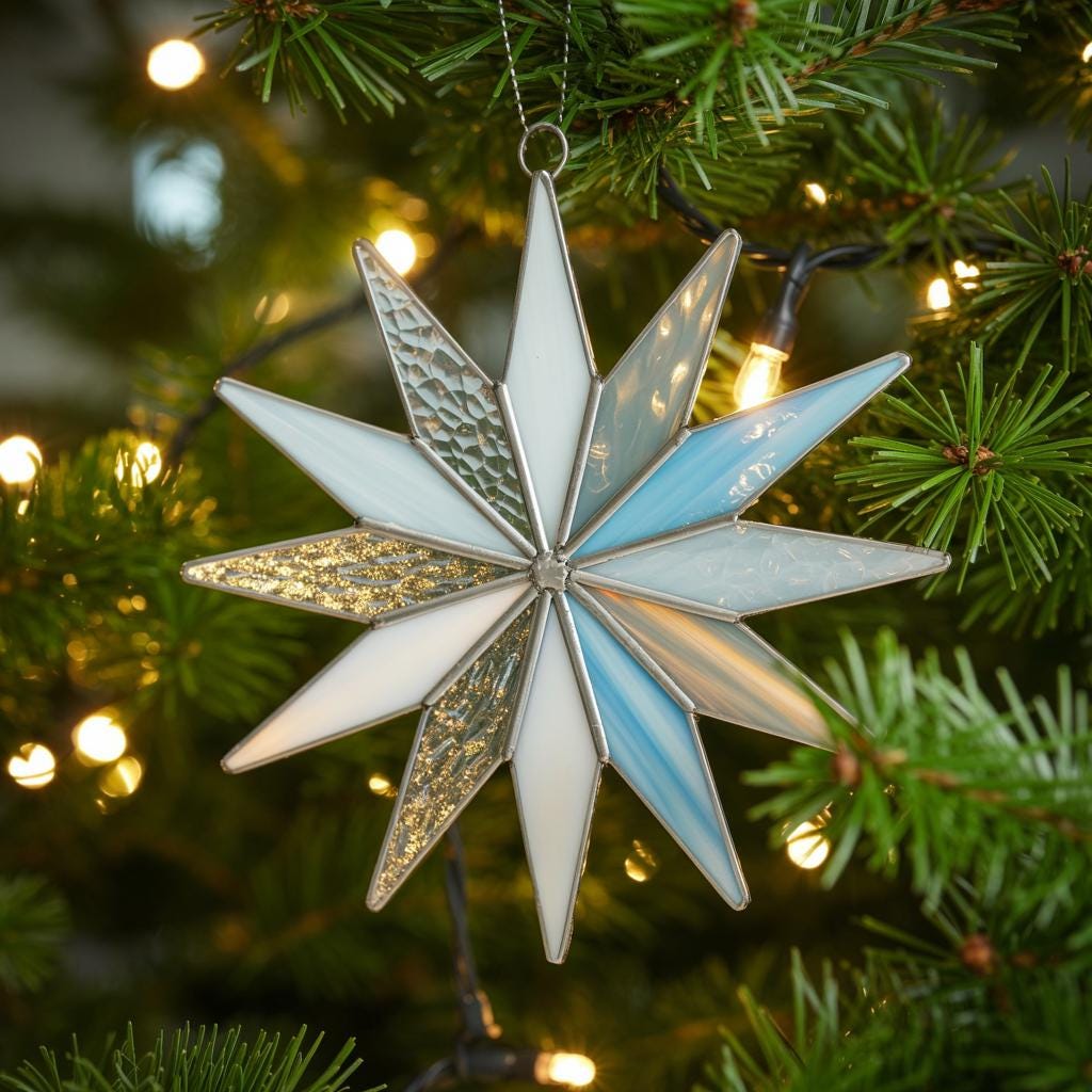 Another angle showing the sparkling details of a stained glass snowflake ornament on a snow-dusted tree branch, glistening in the holiday light