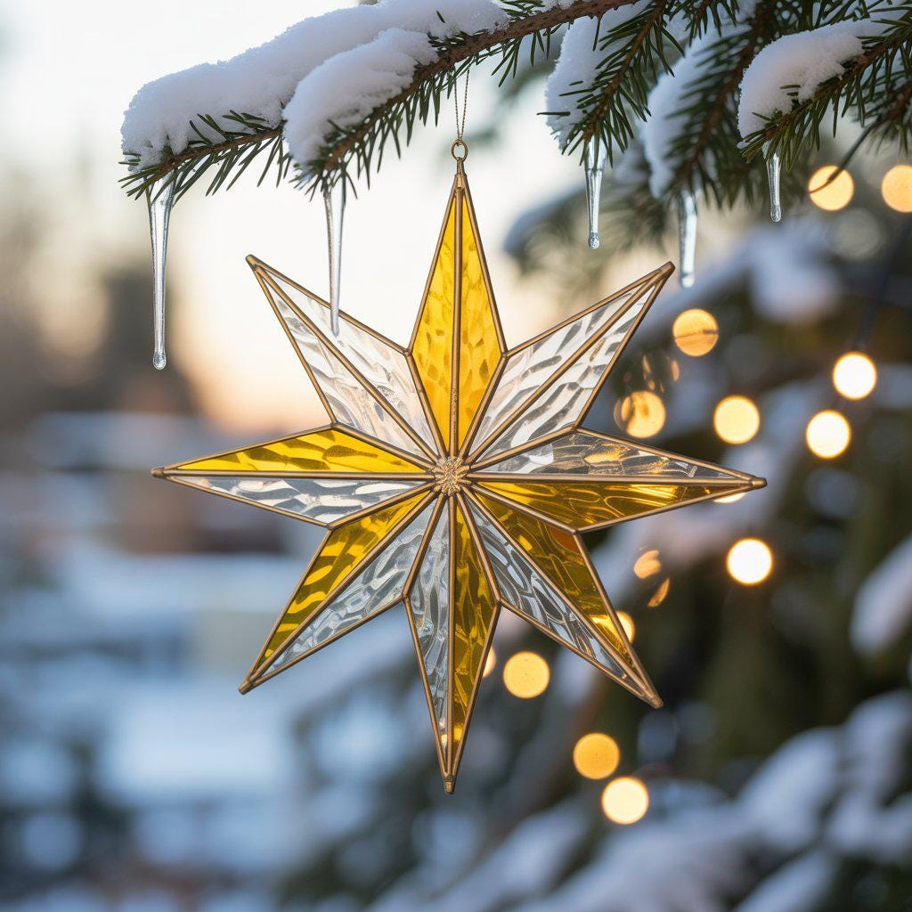 Handmade stained glass snowflake ornament hanging on a Christmas tree, showcasing intricate Tiffany-style craftsmanship.