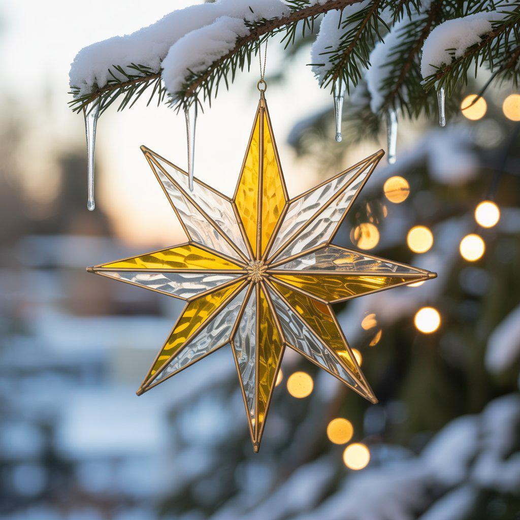 Handmade stained glass snowflake ornament hanging on a Christmas tree, showcasing intricate Tiffany-style craftsmanship.