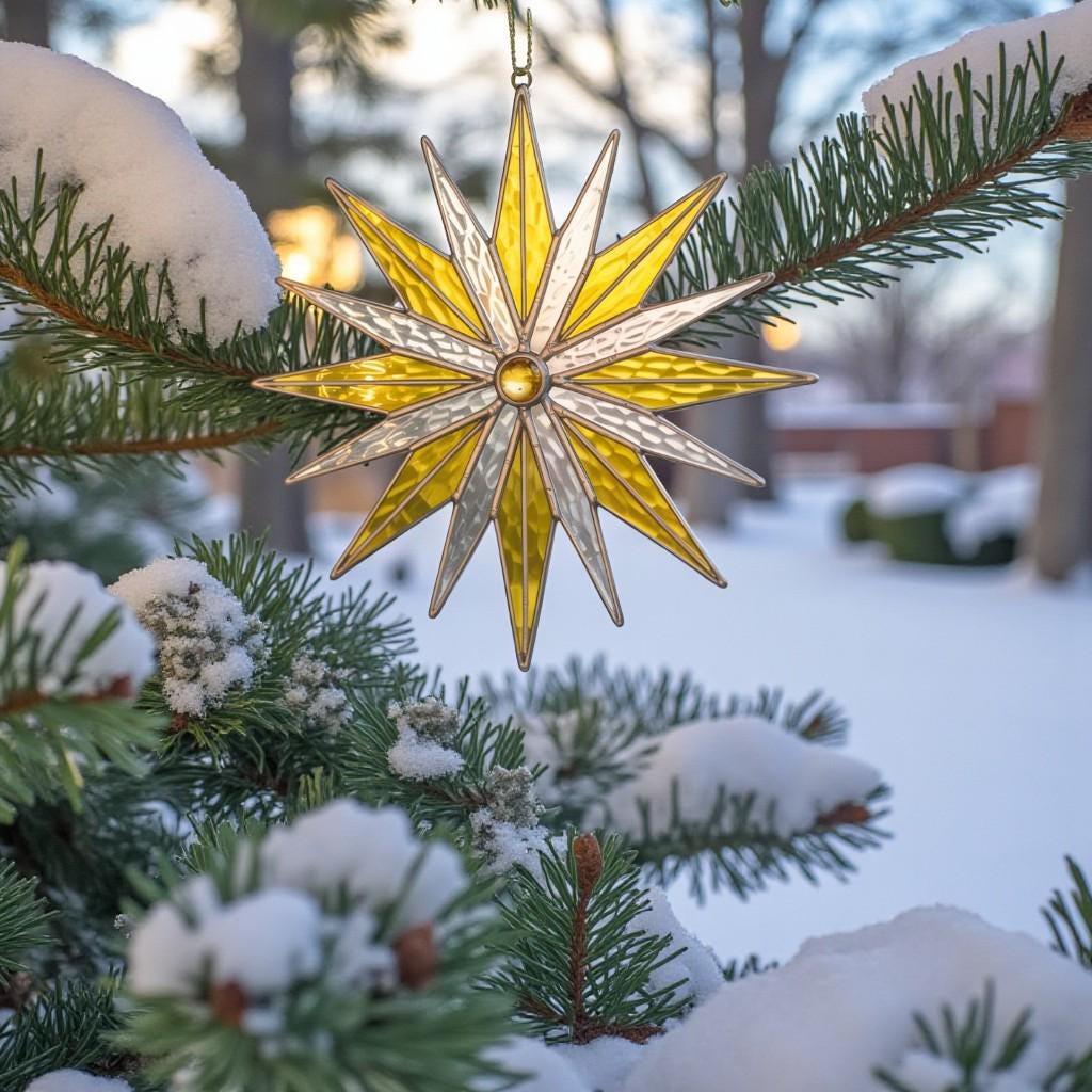 Detailed view of a stained glass snowflake ornament with yellow and silver colors, hanging delicately on a snow-covered Christmas tree.