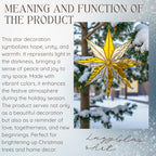 Product description card highlighting the meaning and function of the handmade stained glass snowflake ornament as a symbol of love and unit