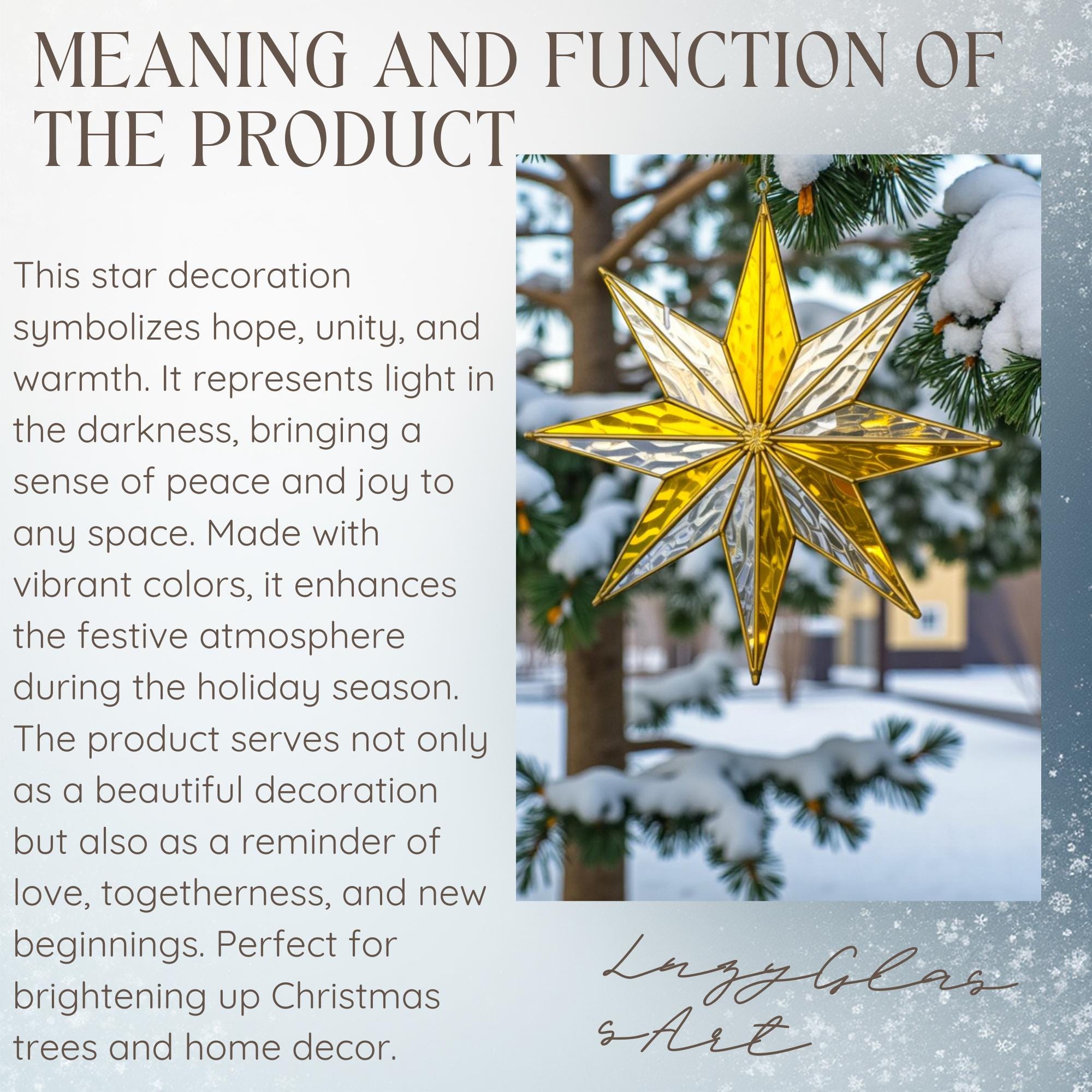 Product description card highlighting the meaning and function of the handmade stained glass snowflake ornament as a symbol of love and unit