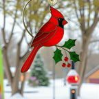 Stained glass cardinal ornament with size details and dimensions, perfect for windows or mantels.
