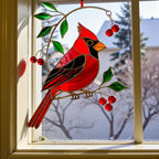 Cardinal stained glass ornament with butterfly design, hanging in front of a window with a soft light glow.