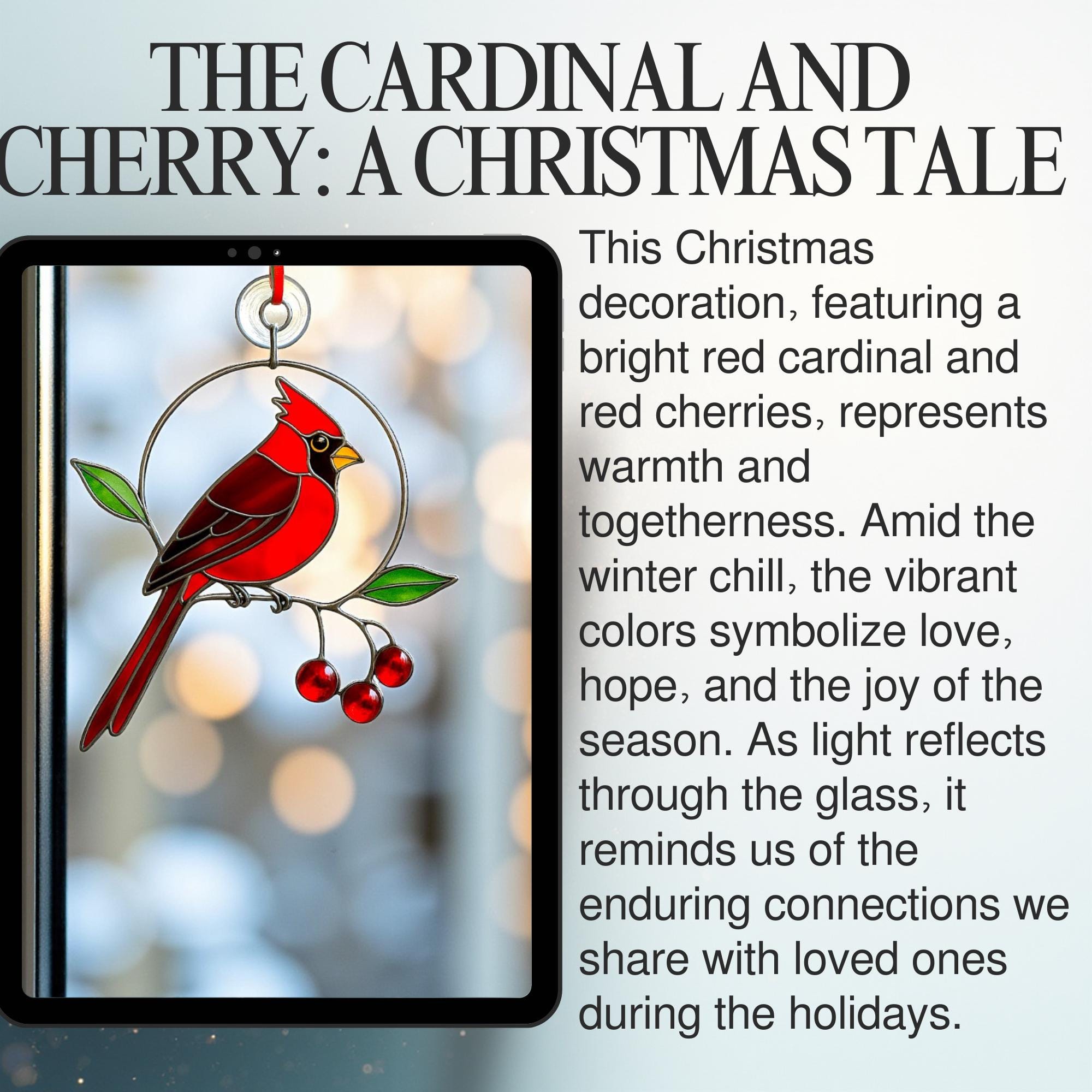 Christmas ornament featuring a red cardinal perched on a branch with bright cherries, set in a winter scene.