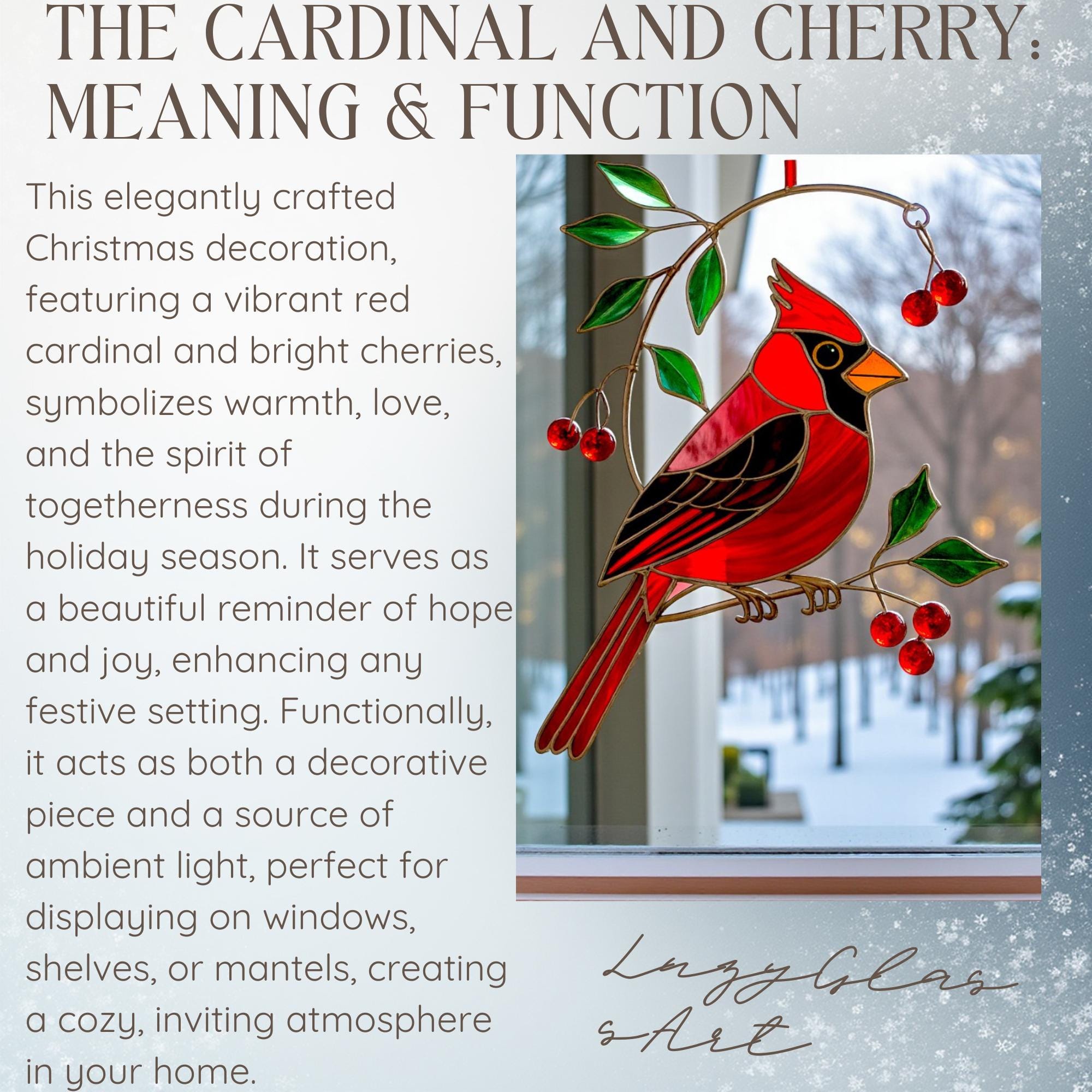 Stained glass cardinal with cherries, symbolizing warmth, love, and togetherness, displayed on a window with a snowy background.