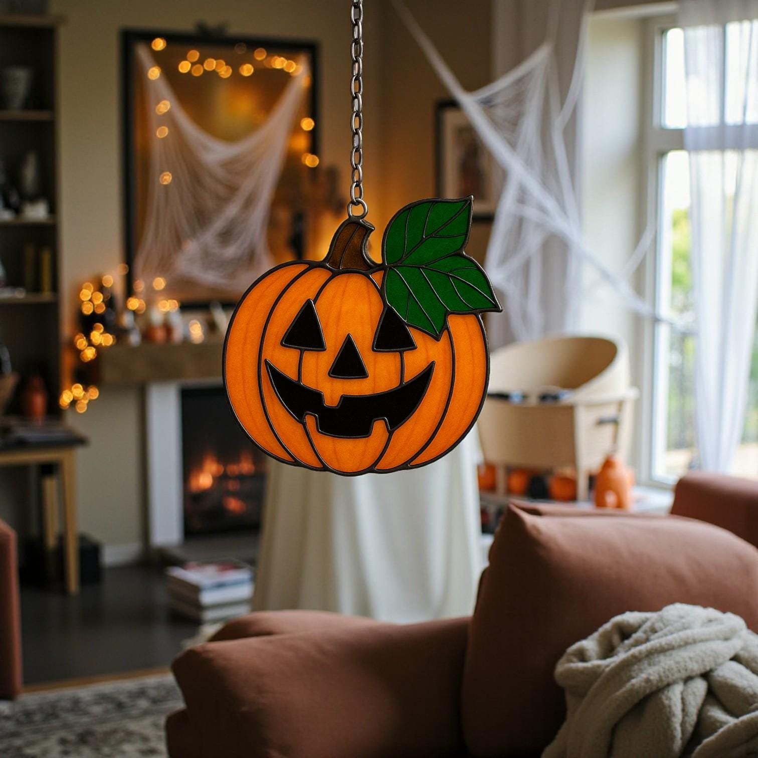 Halloween stained glass pumpkin window decoration for gothic living room décor