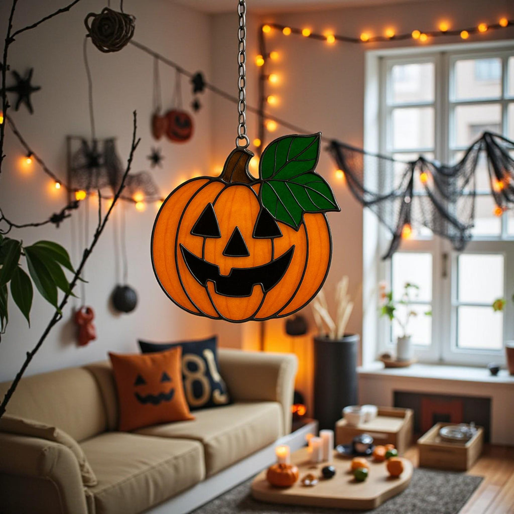 Spooky stained glass pumpkin ornament for Halloween party and home décor