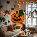 Spooky stained glass pumpkin ornament for Halloween party and home décor