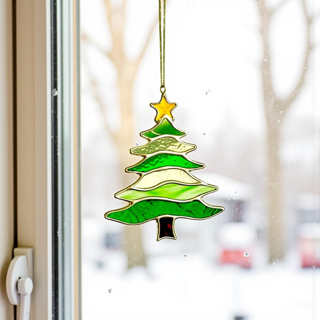 Christmas tree suncatcher (Style #2, lime green glass) hanging in a window overlooking a snowy winter scene.