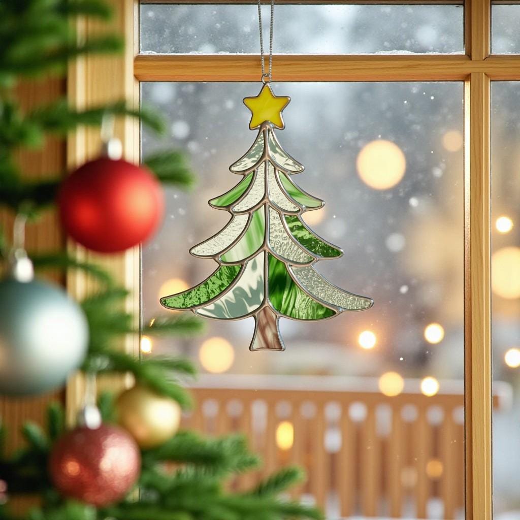 Stained glass Christmas tree suncatcher (Style #3) hanging next to a decorated real Christmas tree.