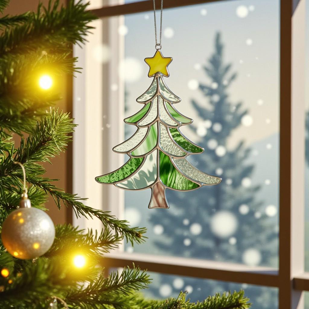 Stained glass tree ornament (Style #3) hanging in a window at night, with warm yellow Christmas light bokeh.