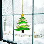 Close-up photo of the Style #2 stained glass tree, detailing the lime green glass and dark trunk.