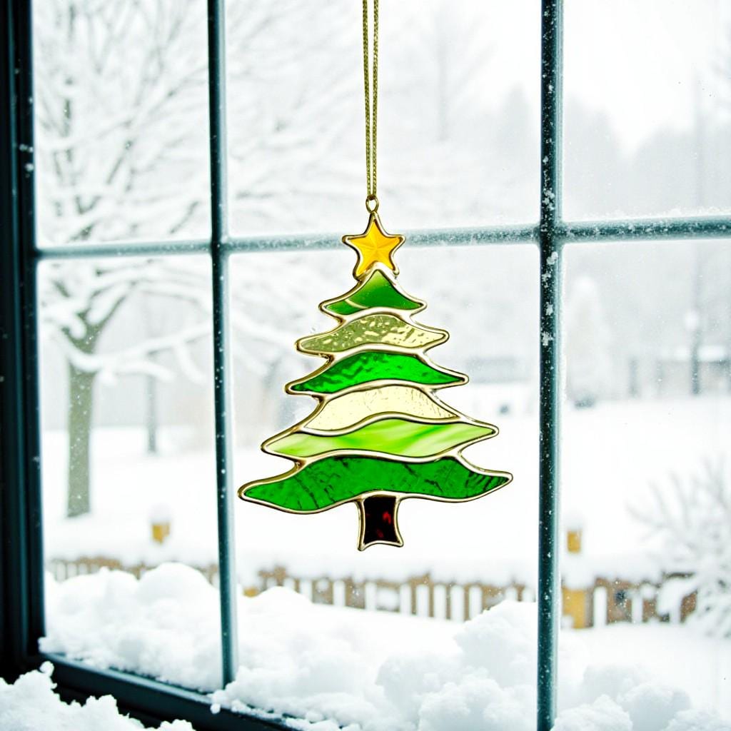 Close-up photo of the Style #2 stained glass tree, detailing the lime green glass and dark trunk.