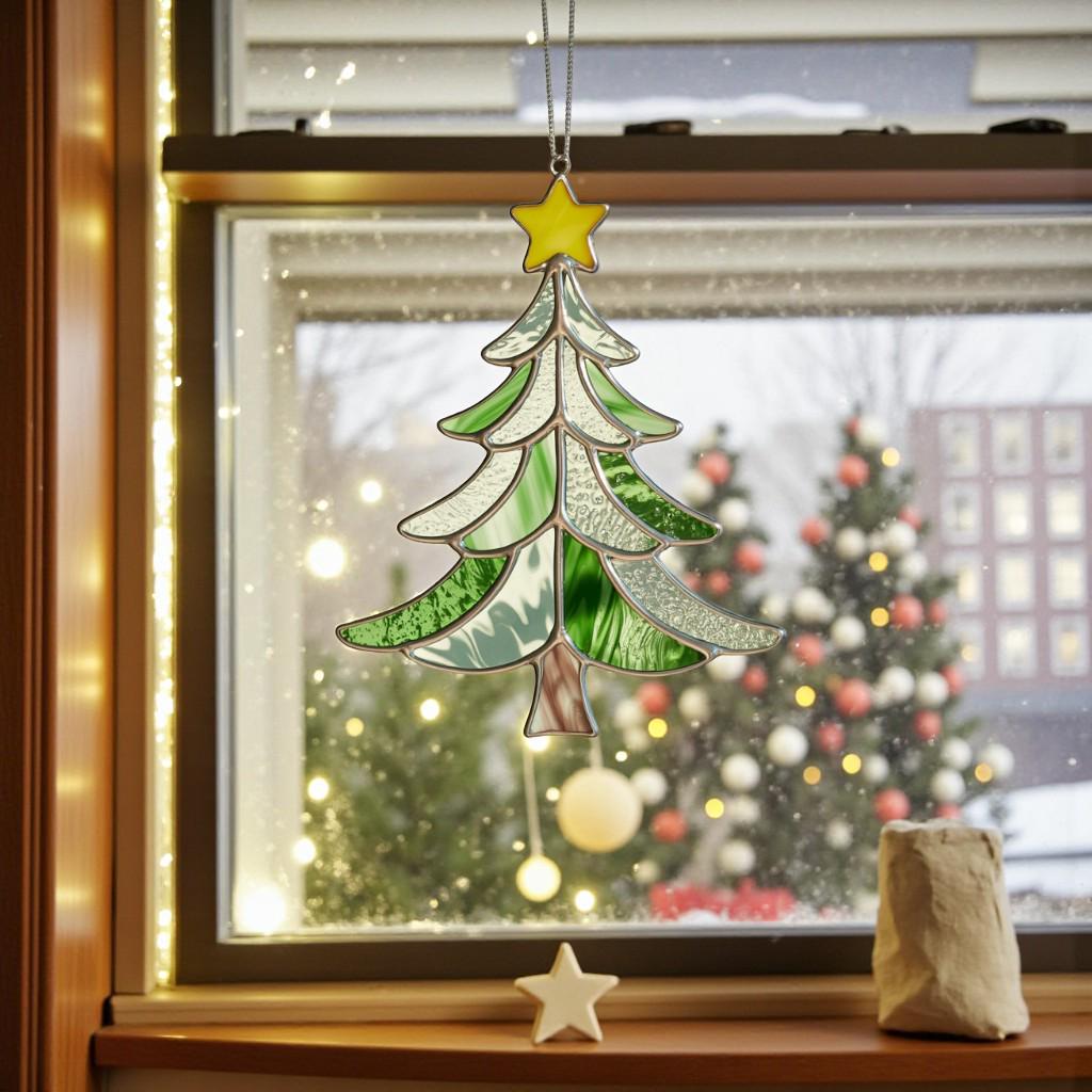 Stained glass tree Style #1 hanging indoors against a bright background, clearly showing the two-tone green and white design.