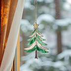 Stained glass Christmas tree (Style #3) hanging indoors, with light highlighting the textured glass pieces.