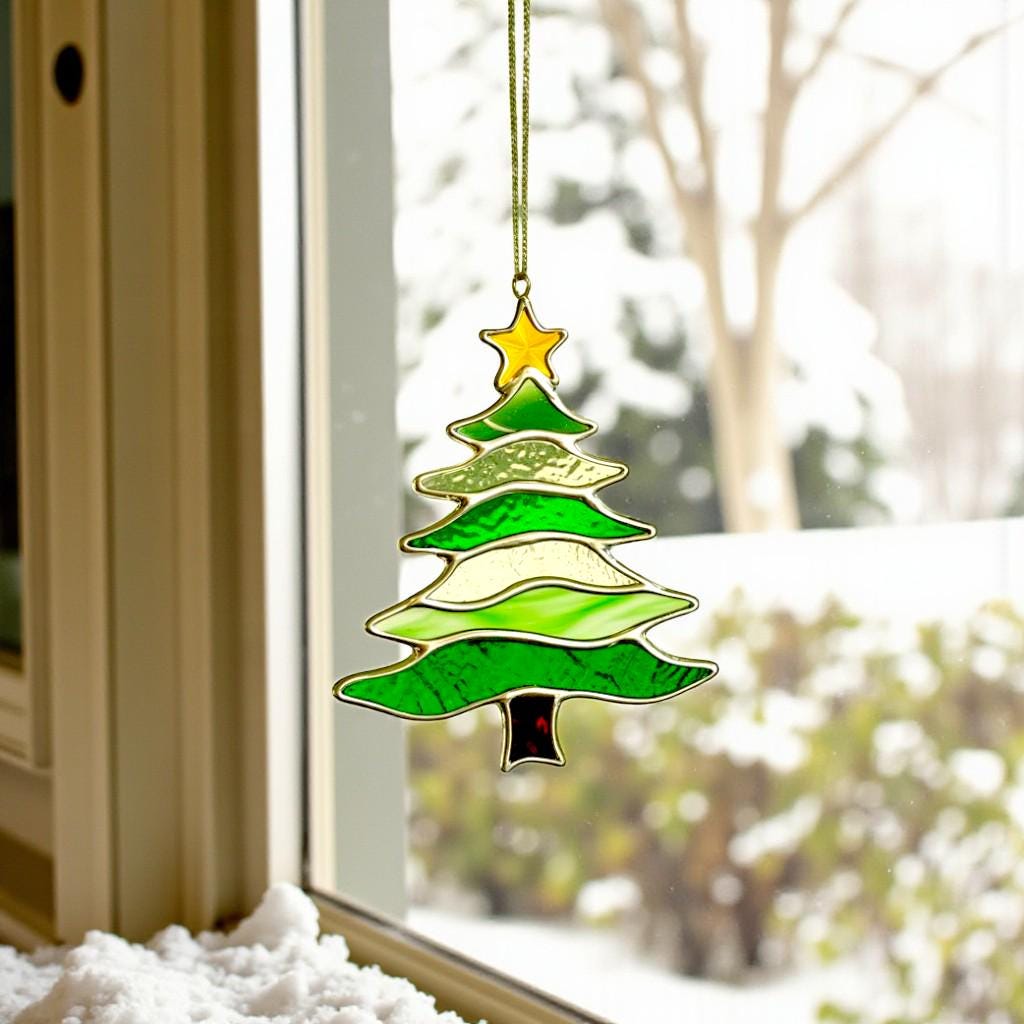 Detailed angle shot of the stained glass tree ornament (Style #2) highlighting the handmade solder lines.