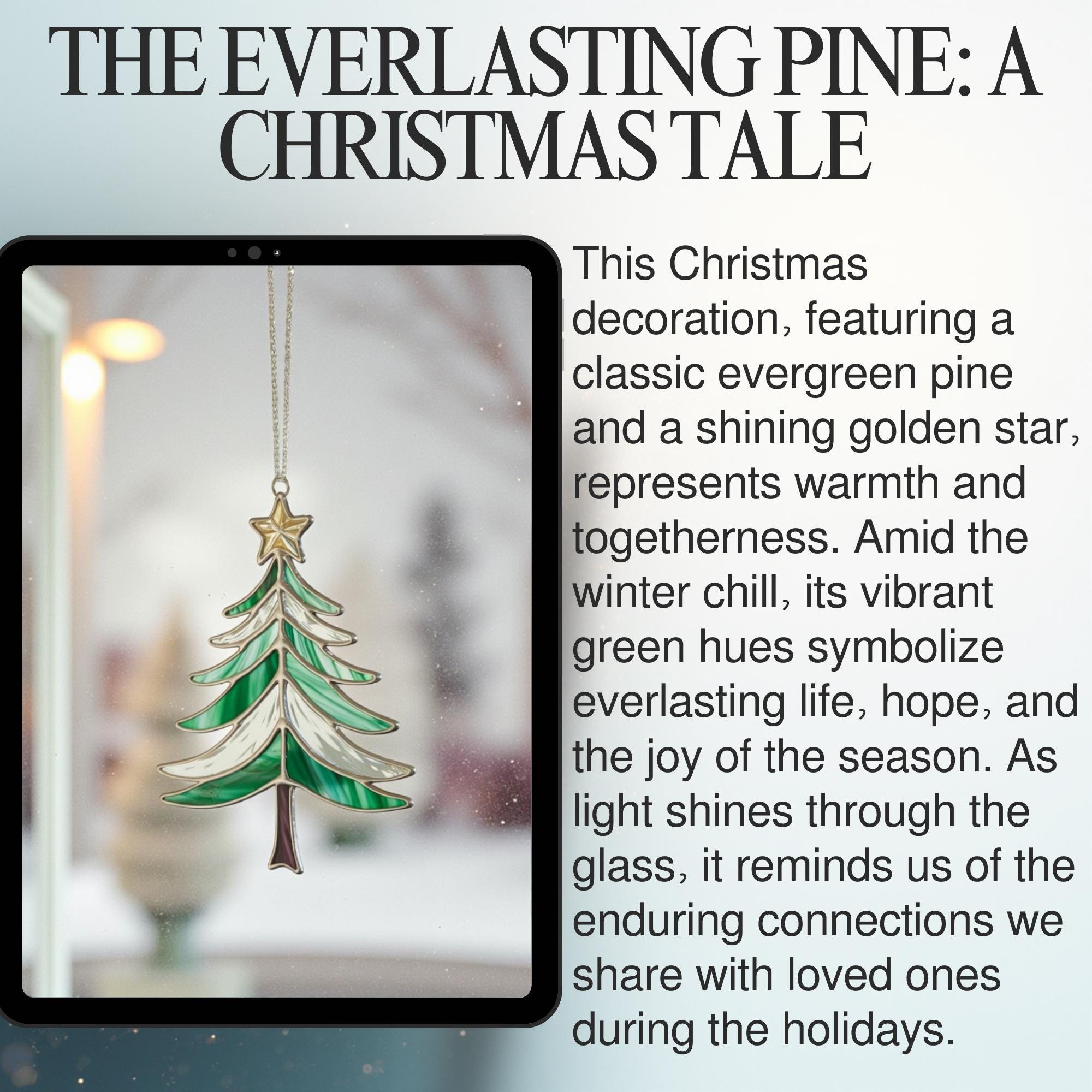 A Christmas Tale" infographic for the stained glass pine tree, describing the product as a symbol of love and connection.