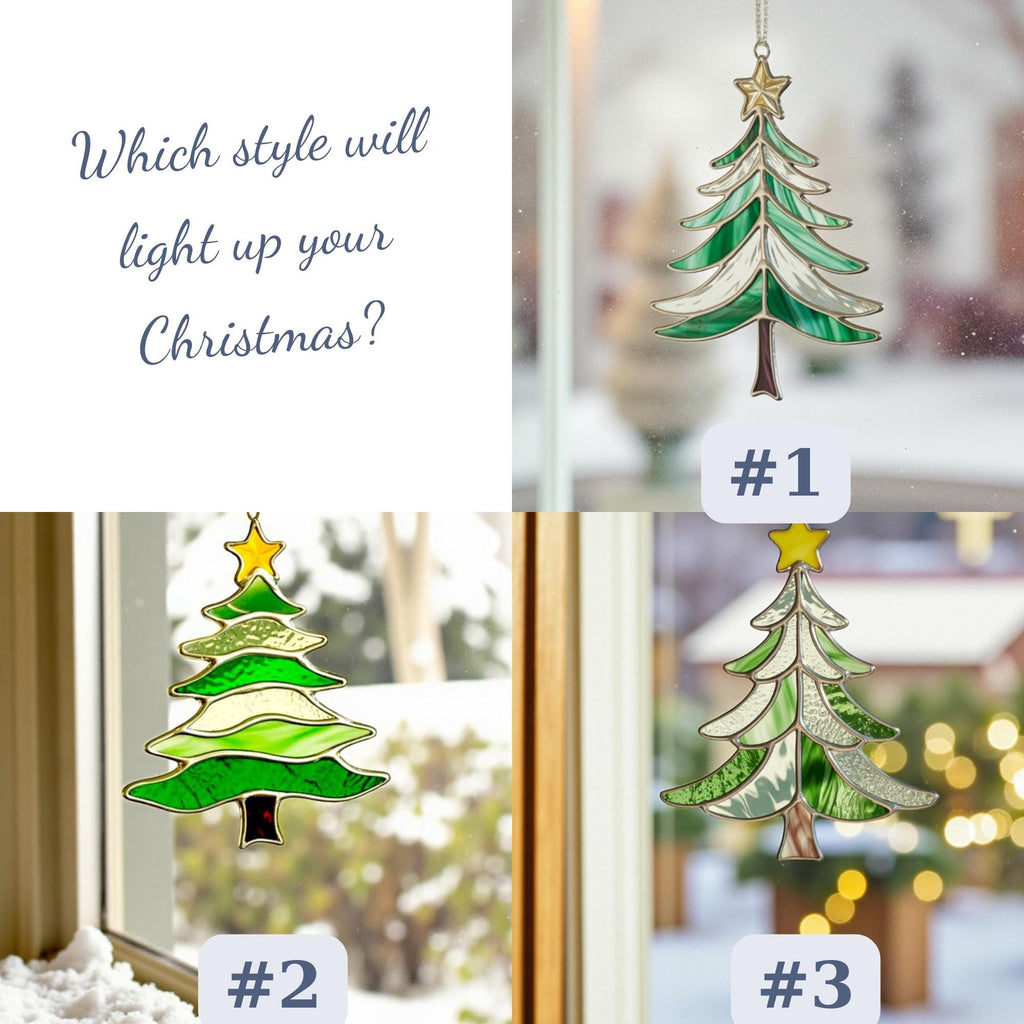 Size description infographic for the stained glass Christmas tree, showing a height of ~7.1 inches (18cm) and width of ~4.7 inches (12cm)