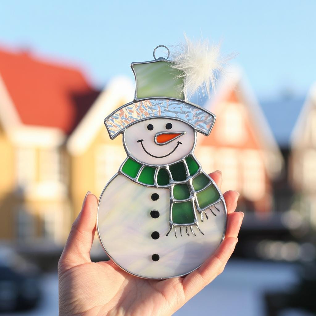 A hand holding a stained glass snowman suncatcher (Style #9, green hat) outdoors against a blurred house background.