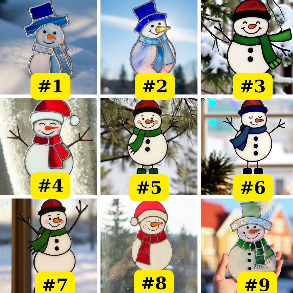 A gallery grid image showing all 9 different design styles of the stained glass snowman, numbered #1 through #9.
