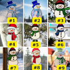 A gallery grid image showing all 9 different design styles of the stained glass snowman, numbered #1 through #9.