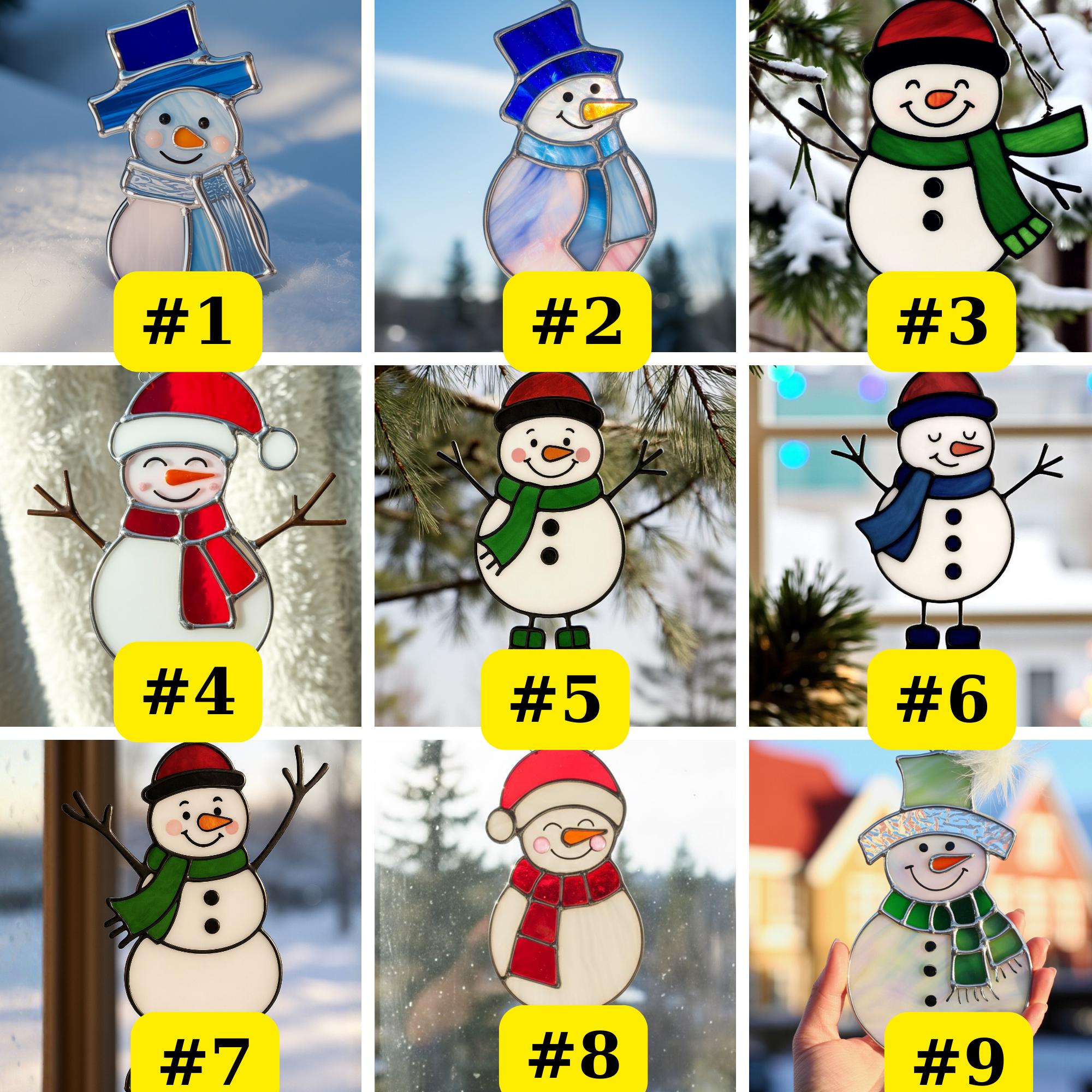 A gallery grid image showing all 9 different design styles of the stained glass snowman, numbered #1 through #9.