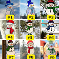 A gallery grid image showing all 9 different design styles of the stained glass snowman, numbered #1 through #9.