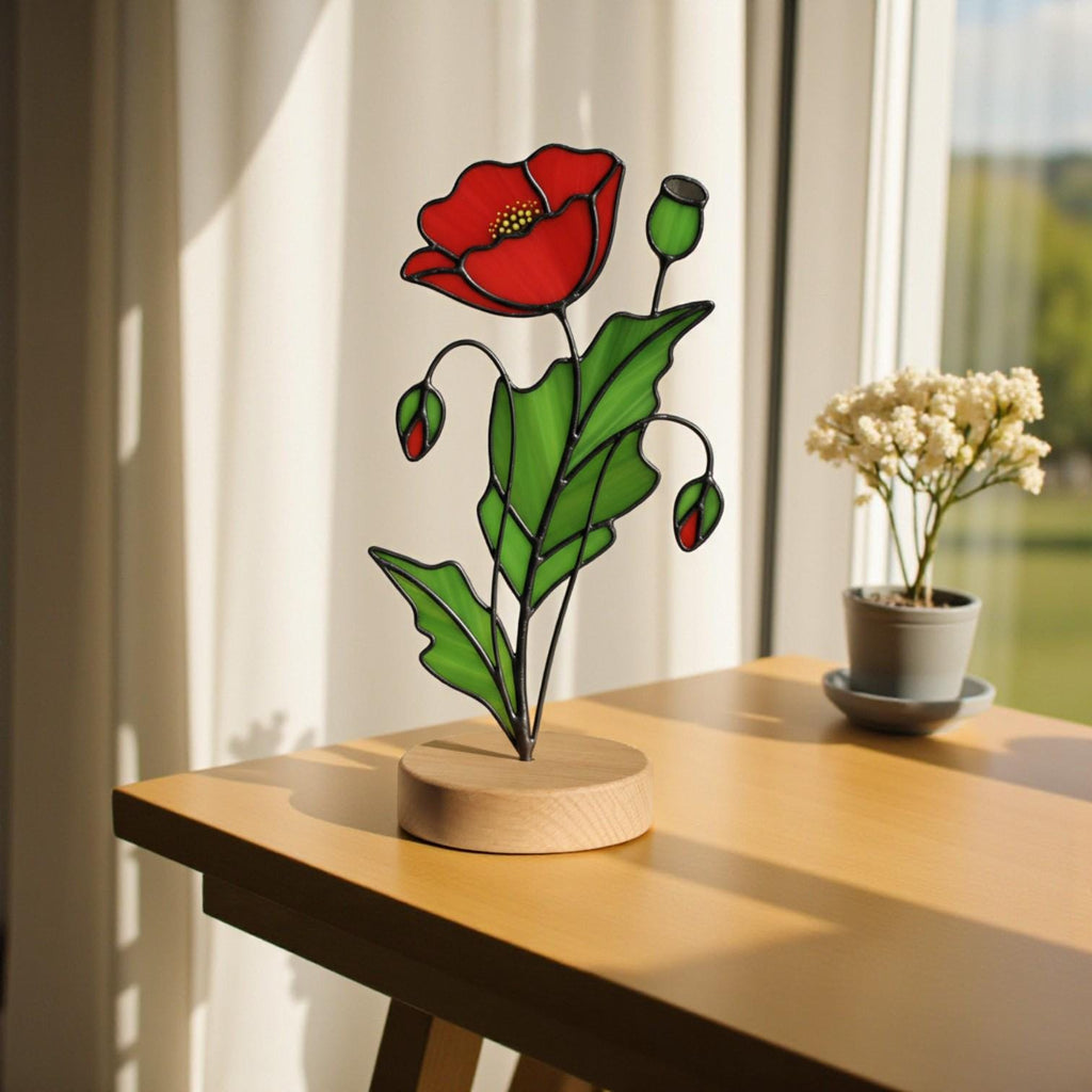Close-up of a Stained Glass Poppy Birth Flower on wood base, a unique personalized gift for her.
