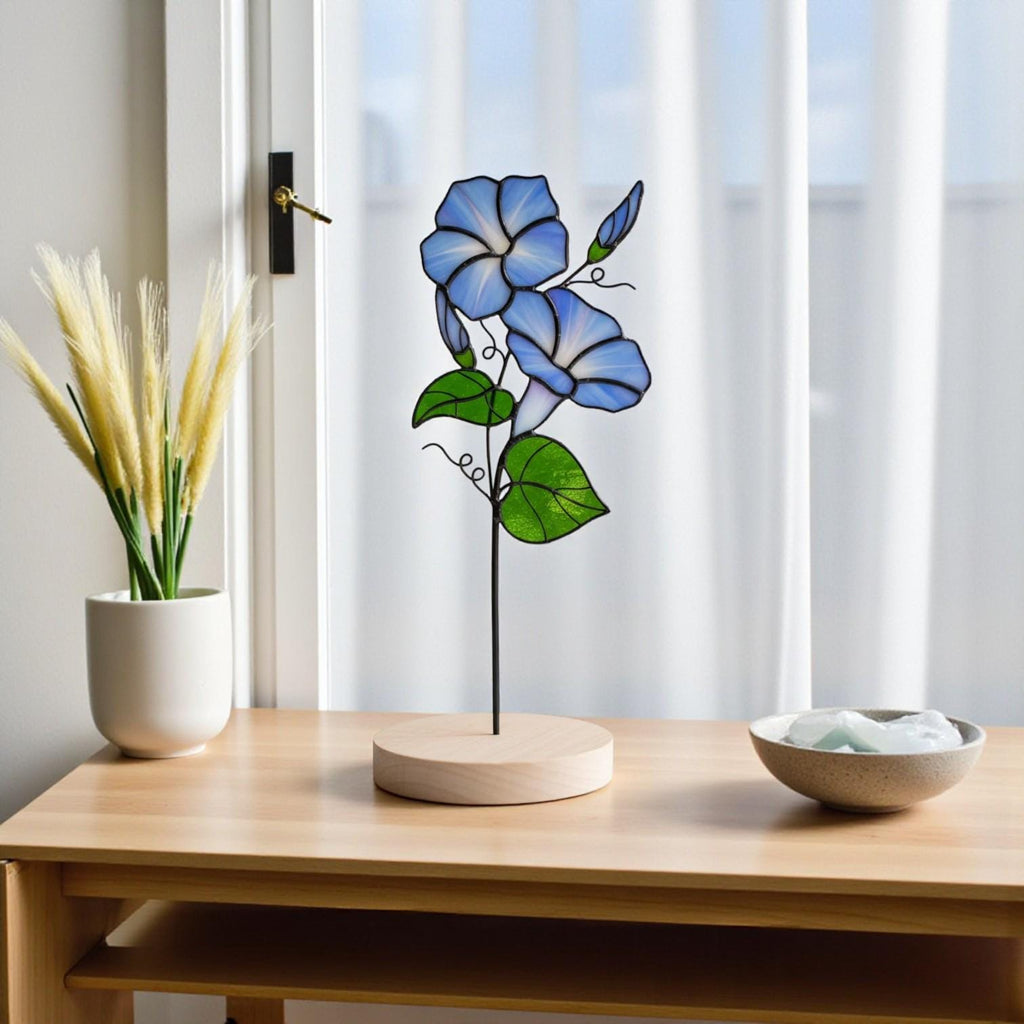 Stained Glass Daisy birth month flower gift on wood stand, ideal table centerpiece.