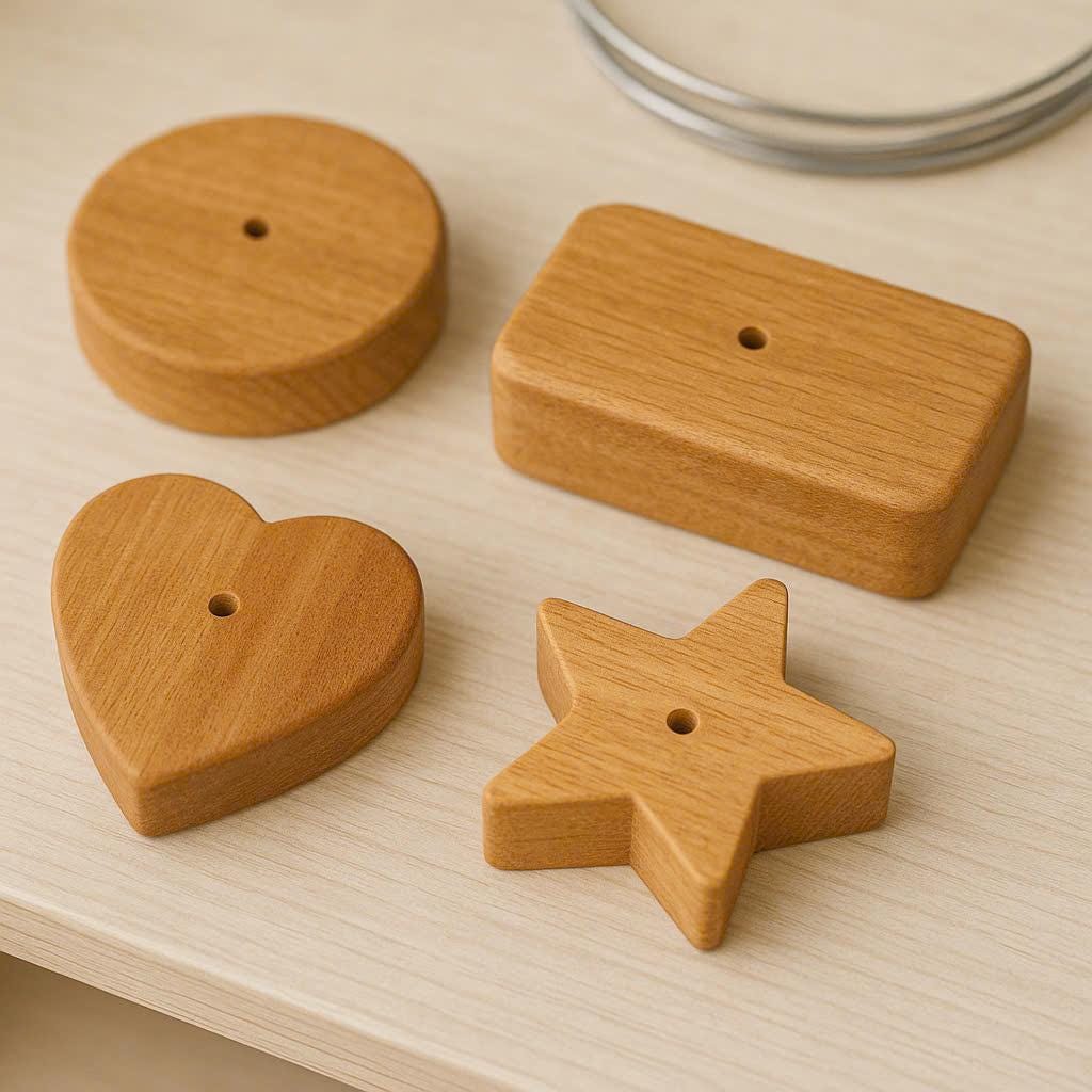 Close-up of the Wood Base options (Heart, Star, Round) for the personalized stained glass flower.