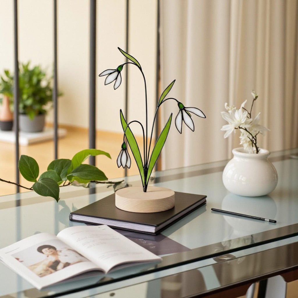 Stained Glass Snowdrop/Carnation birth month flower in a bright, sunny interior scene.