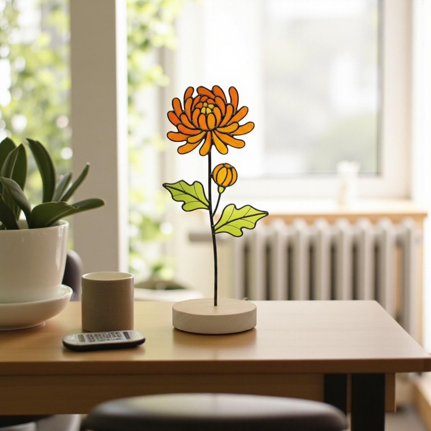 Handmade stained glass flower with wood base, showing intricate detail of the Birth Flower Art.