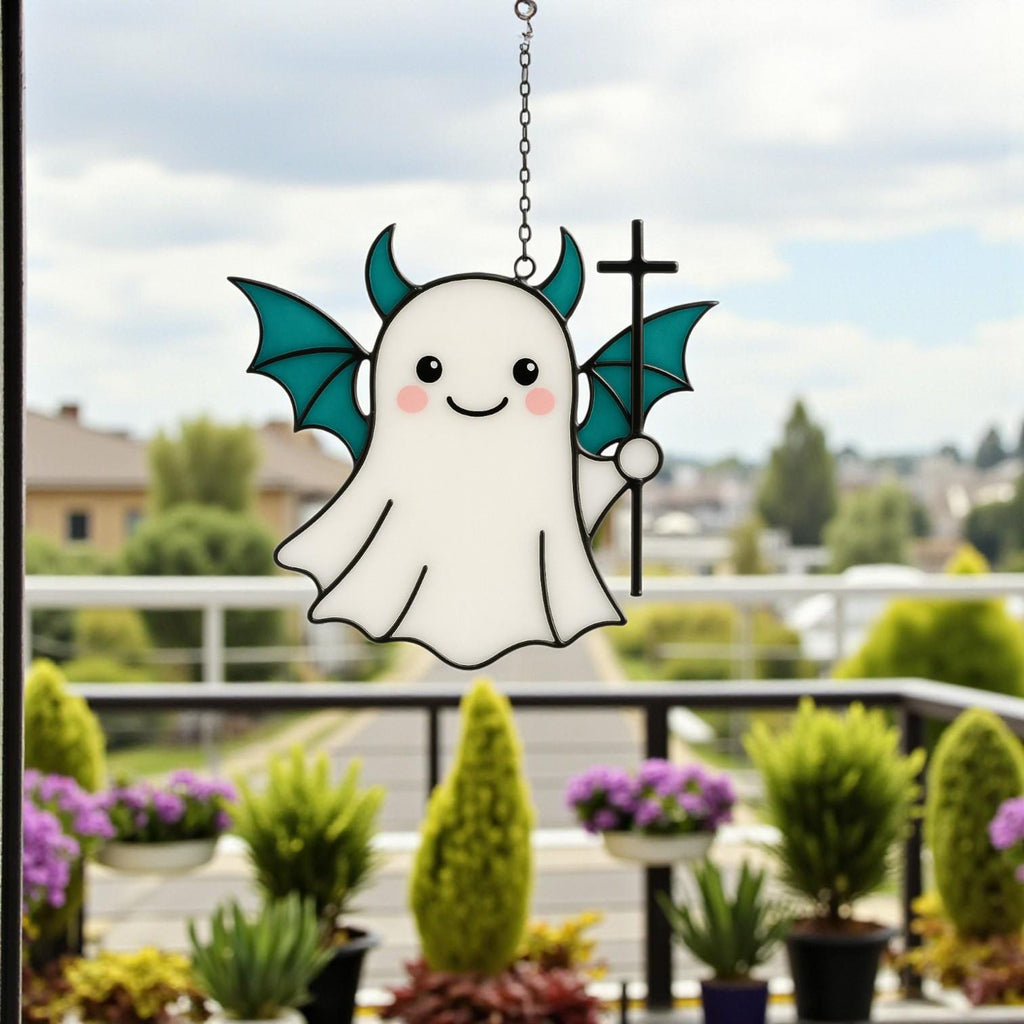 Halloween stained glass smiling ghost suncatcher with bat wings décor