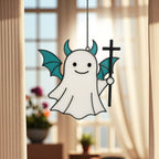Stained glass ghost Halloween ornament for gothic fall window décor