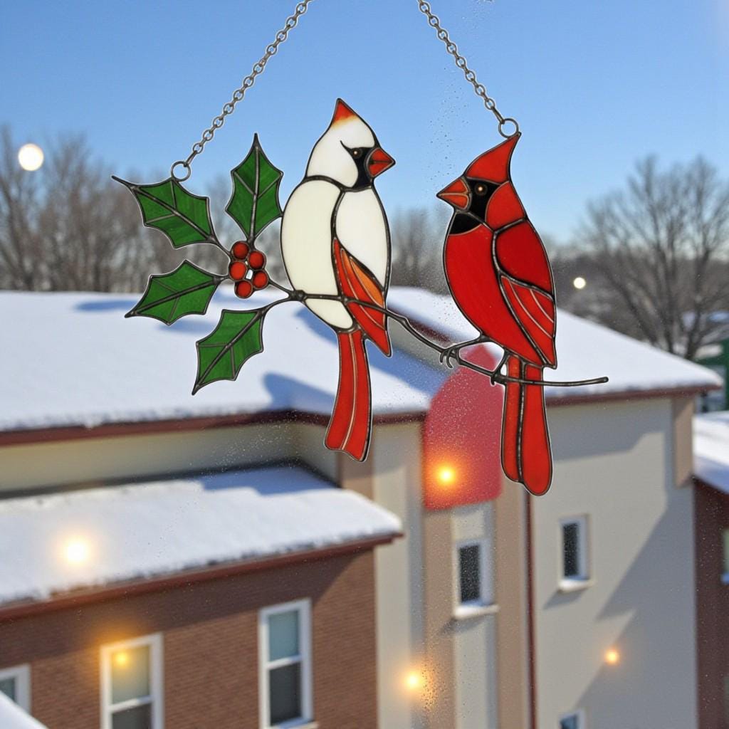 Stained Glass Cardinal Suncatcher, Memorial Gift for Mom, Sympathy Bird Art, Christmas Window Decor, Unique Bereavement Present, Bird Lover